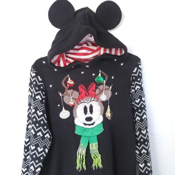 Disney Parks Authentic Sweaters - Disney Parks Ugly Christmas Sweater Hoodie Dress Womans Large Minnie Mouse Ears